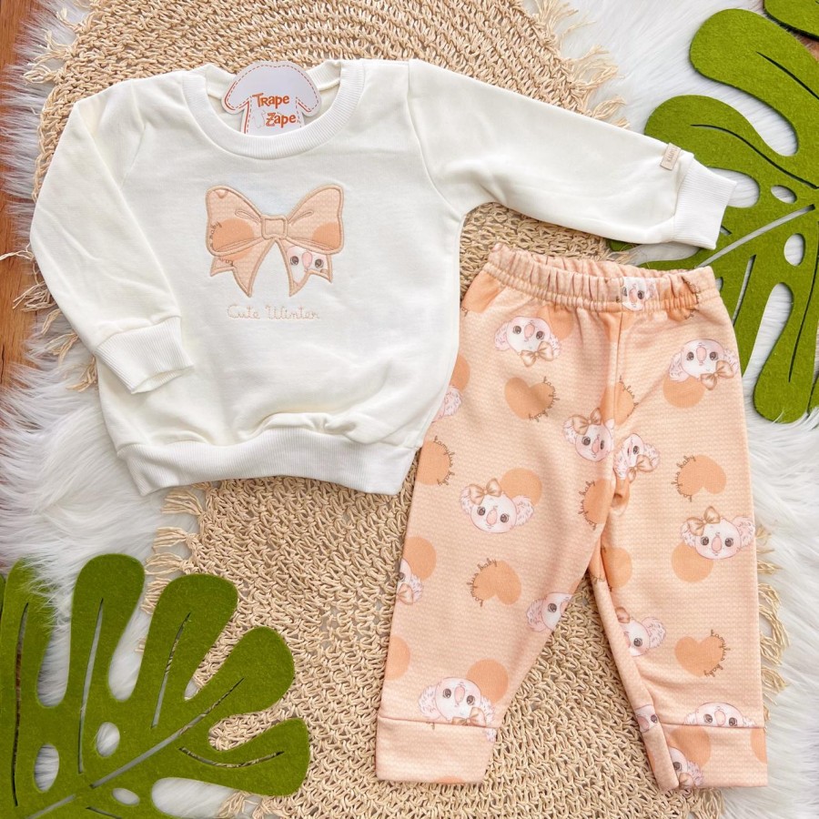 Conj. Casaco de Moletom Cute Winter e Calça Coala - Off White e Salmão